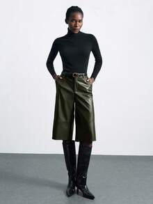 Maija 女士PU皮革阔腿七分裤，都市通勤商务休闲风，优雅适合办公室、圣诞节、新年派对等场合 - 軍綠色 - 查看 7