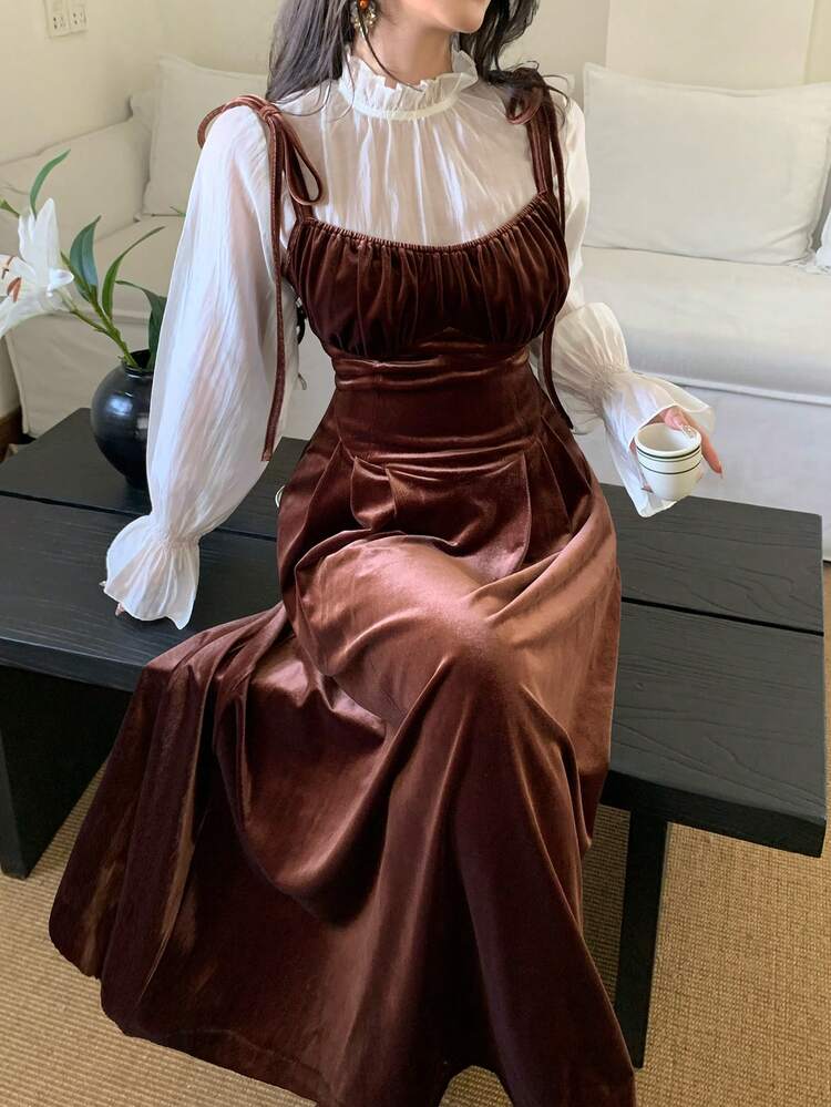 Vintage French Velvet Sleeveless High Waist Elegant Slip Dress, Women Long Sleeve Shirt, Women Two Pieces Set
