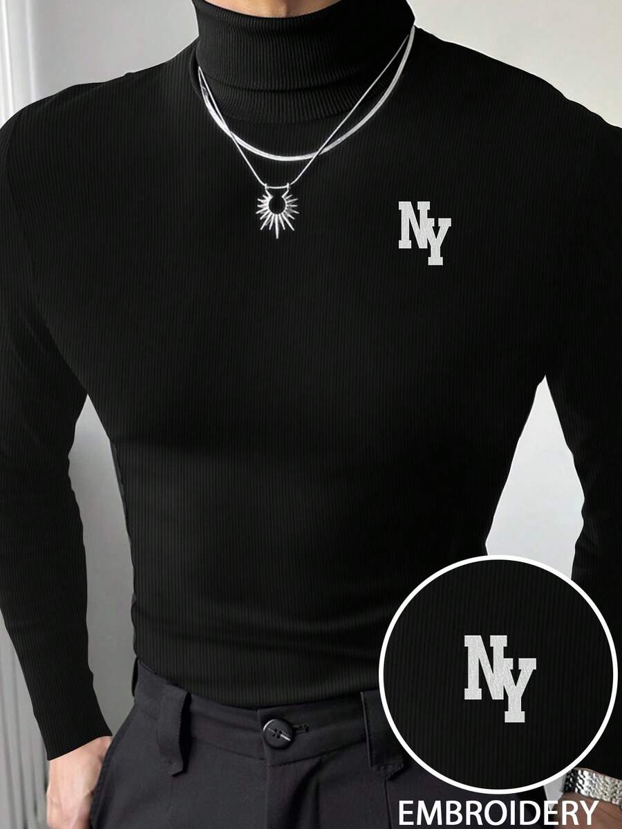 Manfinity Men's Fashionable NY Embroidery Turtleneck Long Sleeve T-Shirt, Autumn/Winter - Black - View 1