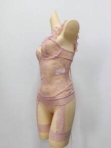 SHEIN 2pcs Lace-Up Garter Slip Dress + G-String, Sexy Lingerie Set For Women - Pink - View 8