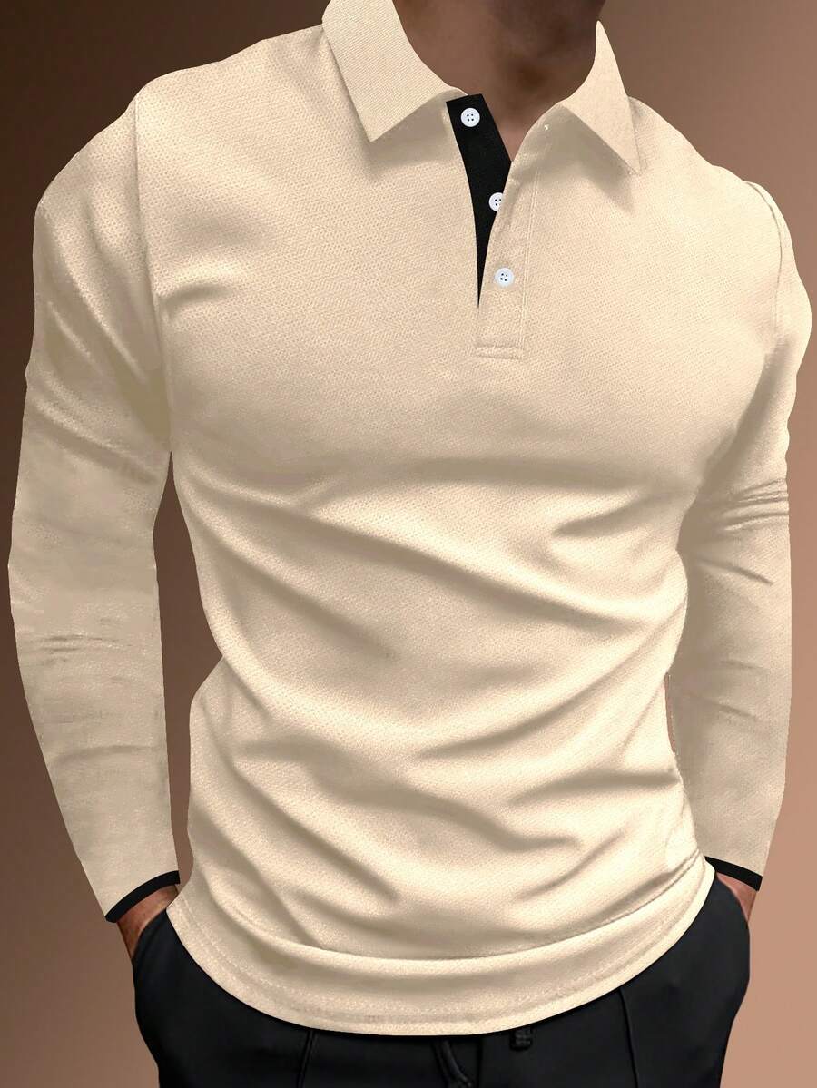 Manfinity Homme Men's Minimalist Commuter Quarter Button Long Sleeve Polo Shirt, Solid Color, Autumn Polo Shirts For Men Collar Polo Shirts For Men Long Sleeve - Beige - View 1