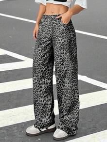 Muchica 女士纽扣腰带豹纹直筒休闲裤，时尚街头服饰