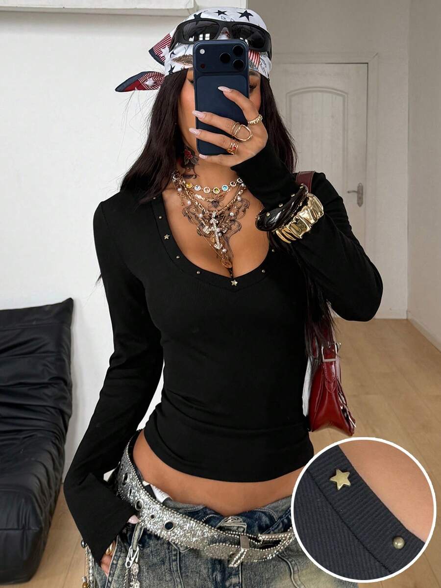 Coolane 女式秋季四季垃圾摇滚日常外出装灰色和黑色条纹针织V领长袖T恤 - 黑色 - 查看 1