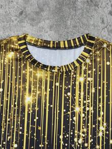 Manfinity Dauomo 男士黑色T恤，饰有金色亮片图案 - 休闲圆领短袖夏季上衣，常规版型，休闲夏季上衣 | 亮片图案T恤 | 舒适版型 - 彩色 - 查看 4