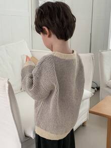DAZY 幼儿男童宽松休闲条纹针织毛衣，基本款圆领长袖，秋季款 - 灰色 - 查看 3