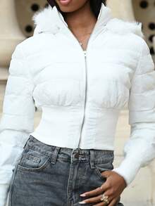 Mima John White Colorblock Trim Hooded Cropped Padded Coat In Fall/Winter - White - View 5
