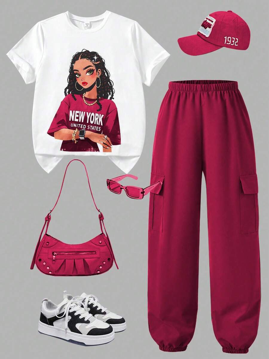 SHEIN ChillGRL Bộ 2 áo thun tay ngắn cổ tròn in họa tiết thường ngày cho bé gái tuổi teen và quần ống rộng có túi hộp, thời trang mặc hàng ngày và ngoài trời, màu xanh quân đội - Màu Hồng Tươi - Xem 1