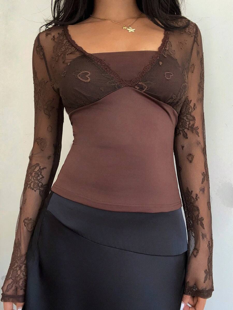 SHEIN Unity Áo thun cổ chữ V màu nâu họa tiết chắp vá ren dành cho nữ, eo thon gọn, phong cách tối giản, áo dài tay mỏng cho mùa thu - màu nâu - Xem 1