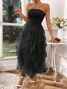 Rafferiza Petite Elegant & Fashionable Young Women's Minimalist Versatile Strapless Mesh Long Dress, Suitable For Spring/Autumn Strapless Black Dress Black Dress Summer Midi Black Dress Birthday Dresses Organza Dress Valentine's Day - Black - View 3