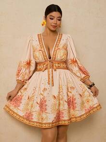 Travachic Váy ngắn cổ chữ V in hoa thanh lịch lãng mạn cỡ lớn, thắt nơ phía trước, hàng mới về mùa xuân - trái cam - Xem 4