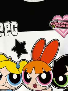 THE POWERPUFF GIRLS X SHEIN 加大码夏季休闲撞色卡通花朵、泡泡、毛茛图案圆领短袖T恤