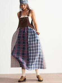 Bohemela 波西米亚乡村度假风休闲格子拼接吊带连衣裙（女款） - 棕色 - 查看 7