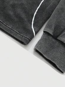 ROMWE MEN Prep 男女皆宜的复古水洗英文印花长袖T恤，休闲街头风 - 黑色 - 查看 6