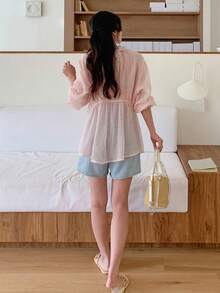 DAZY Women's Solid Color V-Neck Loose Semi-Sheer Long Sleeve Blouse Spring - Pink - View 6
