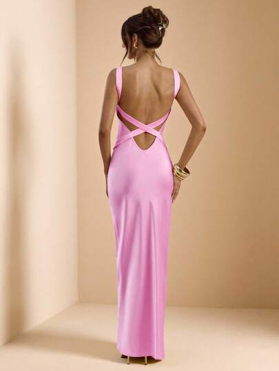 SHEIN BAE Butter Yellow Backless Tie Strap Fitted Satin Mermaid Dress, Elegant For Brunch, Bridesmaid, Party, Formal Occasions, Birthday