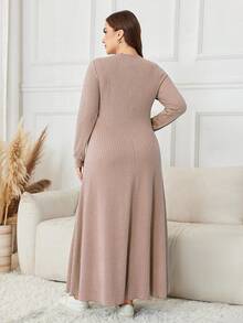 Lacomfia Plus Size Long Sleeve Solid Color Jacquard Knit Maxi Casual Dress - Pink - View 2