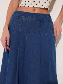 COSMINA 女士休闲日常办公通勤低腰褶裥牛仔裙 - 中等水洗藍 - 查看 7