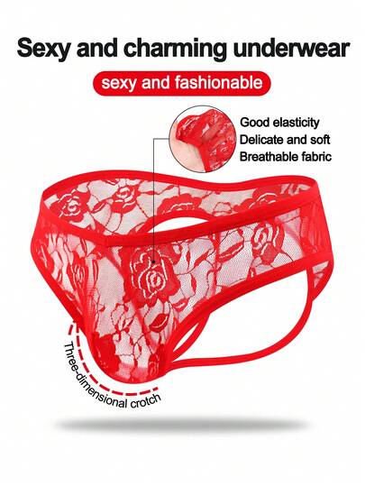 1pc Men's Sexy Underwear With Black Rose Lace Trim And Hollow-Out Back