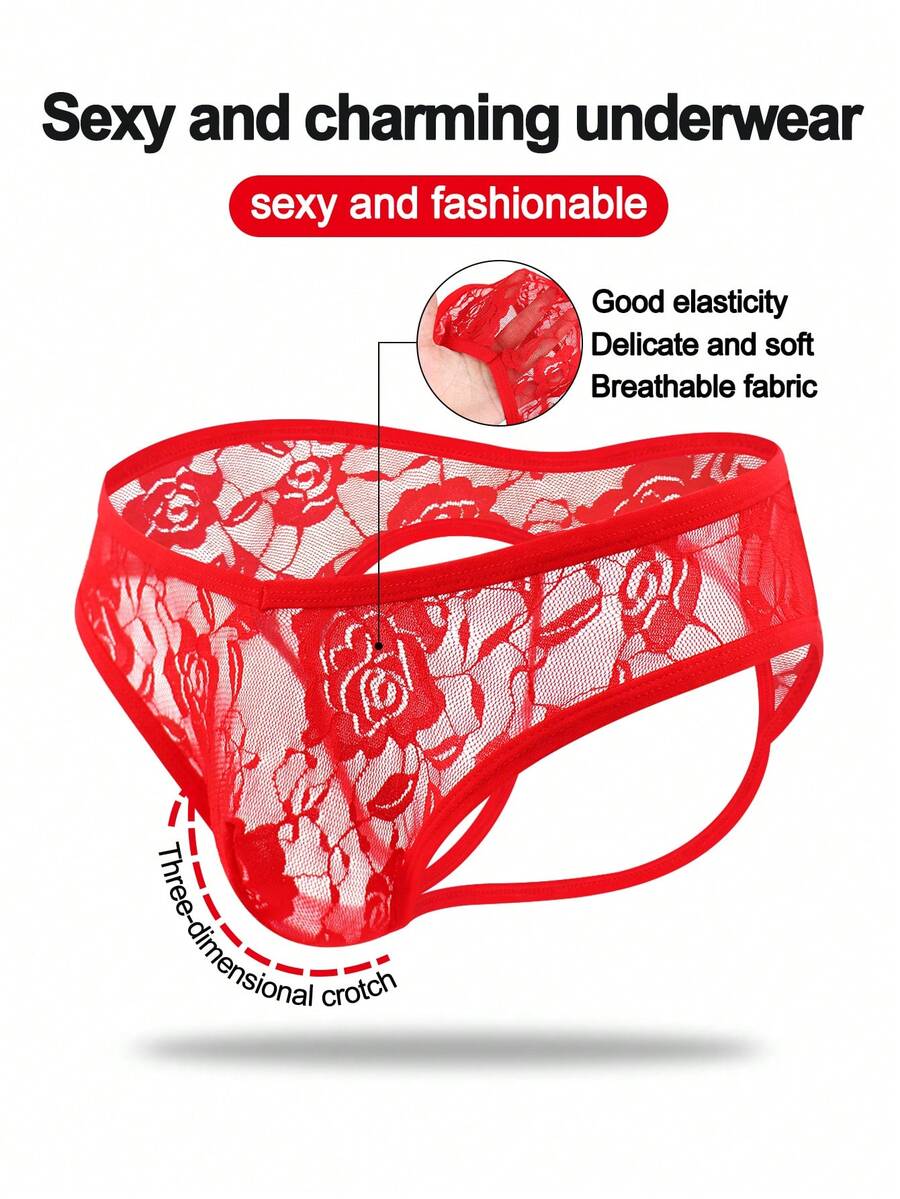 1 pieza Ropa interior sexy para hombres con encaje negro con rosa y espalda calada - Rojo - Ver 1