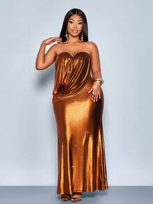 SOLERSUN Plus Size Women's Elegant Glamorous Bandeau Draped Sparkly Bodycon Mermaid Maxi Dress, Club Outfits Women Sexy, Suitable For Christmas Party Vacation & Dating,Elegant Dress For Women,Christmas,Formal Dress,Party Dress,Sexy Dress,Wedding Guest Dress - Orange - View 8