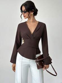 Firerie Women's Dark Brown Pinstripe Wrap Blouse,Elegant Flared Sleeve ...