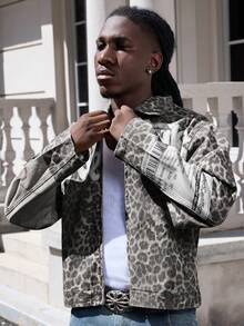 ROMWE MEN Street Life Men's Retro Leopard Print Denim Jacket - Black - View 3