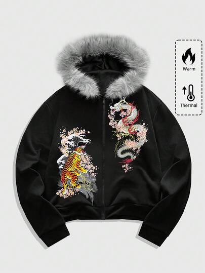 Goth Sweat-shirt à capuche zippé pour hommes avec imprimé dragon chinois et tigre, col en fourrure