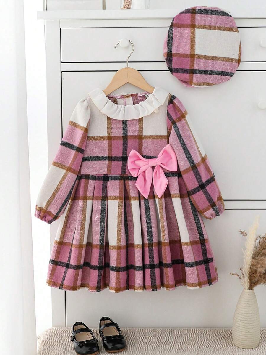 Souflis Set 2 buc. Litter Girl toamnă-iarnă casual și preppy costum stil nou, rochie în carouri și pălărie - Roz - Vizualizare 1