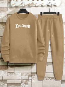 EURMUSE Cotton 2pcs/Set Men's Letter Printed Hoodie And Sweatpants Set - Apricot - View 6