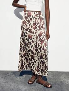 Maija 女士优雅时尚全印花半身裙 动物印花度假服 奶牛印花长裙 - 棕色 - 查看 12