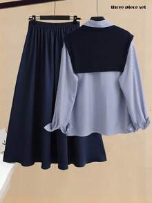 Franclia 女士休闲通勤条纹披肩上衣和半裙套装 - 藏蓝色 - 查看 2