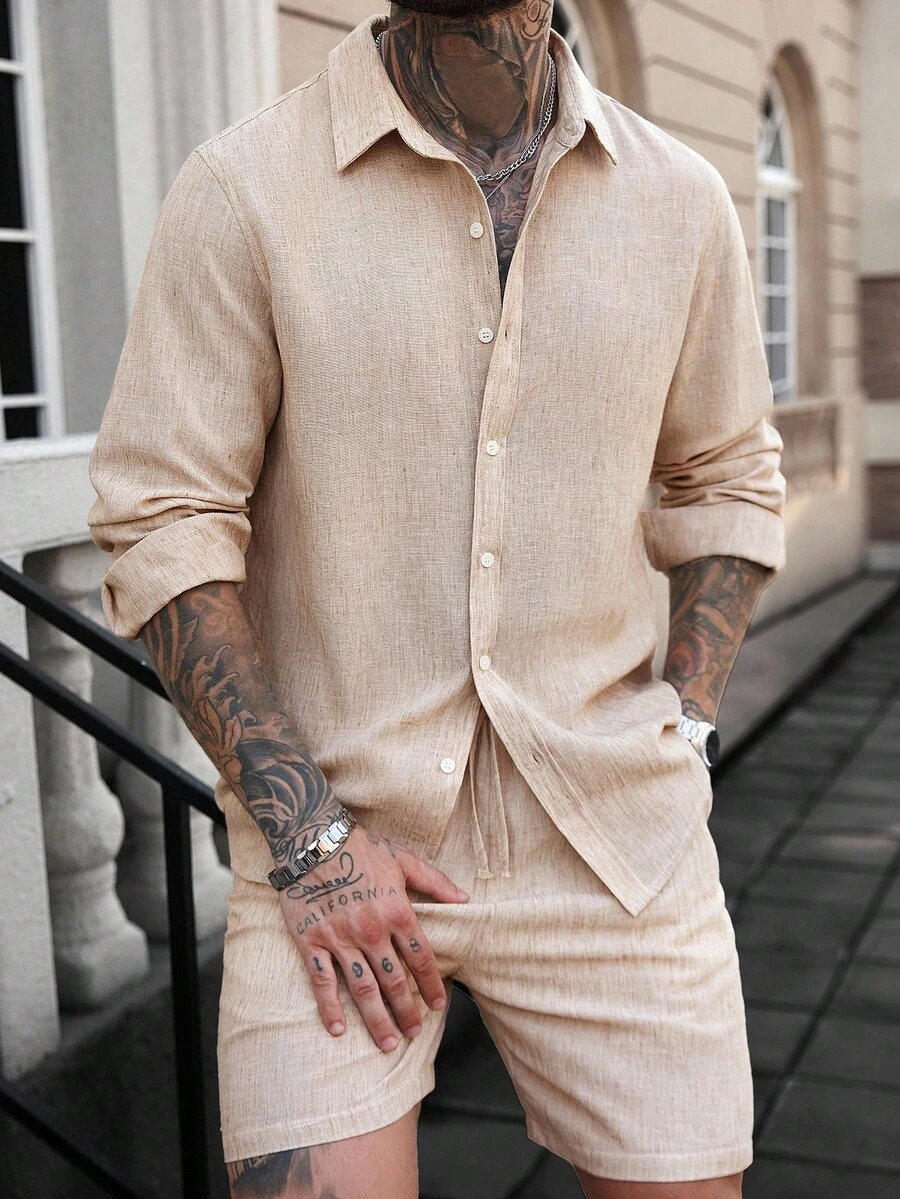 Manfinity Homme 男士翻领单排扣长袖衬衫和短裤休闲通勤套装 米色男士衬衫 杏色男士衬衫 卡其色男士衬衫 男士两件套亚麻套装 男士两件套西装套装 长袖衬衫配短裤 礼仪 - 卡其色 - 查看 1