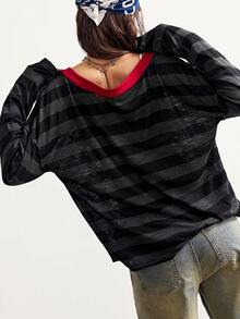 Bohemela Casual Knit Striped Asymmetric Shoulder Long Sleeve Loose T-Shirt For Women - Multicolor - View 7