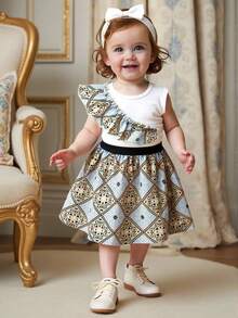 2 Stücke/Set Baby Mädchen Sommer Neu Rundhals Ärmellos Weste Top mit Blumen Rüschen Saum & Plissee Dekoration, kombiniert mit vintage Blume Muster A-Linien Rock, elegantes Outfit - Verschiedenfarbig - Übersicht 1