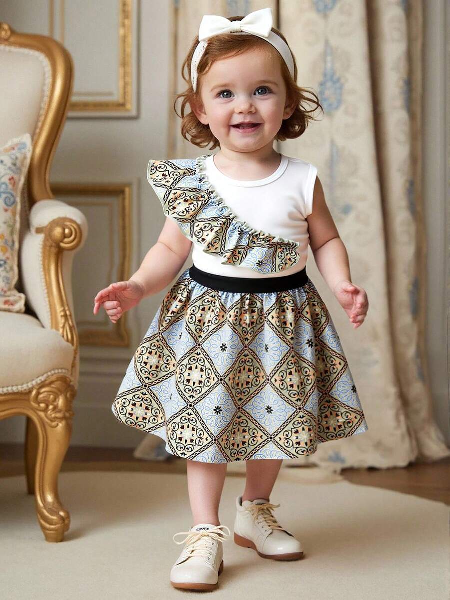 2 Stücke/Set Baby Mädchen Sommer Neu Rundhals Ärmellos Weste Top mit Blumen Rüschen Saum & Plissee Dekoration, kombiniert mit vintage Blume Muster A-Linien Rock, elegantes Outfit - Verschiedenfarbig - Übersicht 1