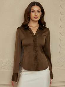 BELROSIE Satin Fabric, Tie-Back Waist Decor, Ruffle Hem Design Elegant & Versatile Long Sleeve Blouse - Coffee Brown - View 6