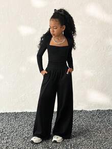 Coolane Kids Tween Girl Fall /Winter, Black Long Sleeve Tween T-Shirt With Queen Anne Neckline For Everyday Casual Style,Fall/Winter/Relaxed Wide Leg Knit Pants Set,Christmas,New Year ,Thanksgiving