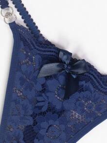 Floral Lace O-Ring Detail Bow Front G-String Sexy Lingerie Bow Tie - Navy Blue - View 7