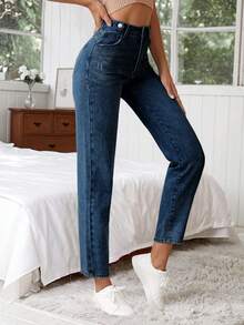 SHEIN Tall 高腰纽扣细节妈妈牛仔裤 - 深色水洗藍 - 查看 4