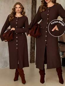 Roveilla Plus Size Chocolate Brown Rib-Knit Midi Dress For Women Casual Round Neck A Line Extra-Long Sleeve Button Up Design - Chocolate Brown - View 9