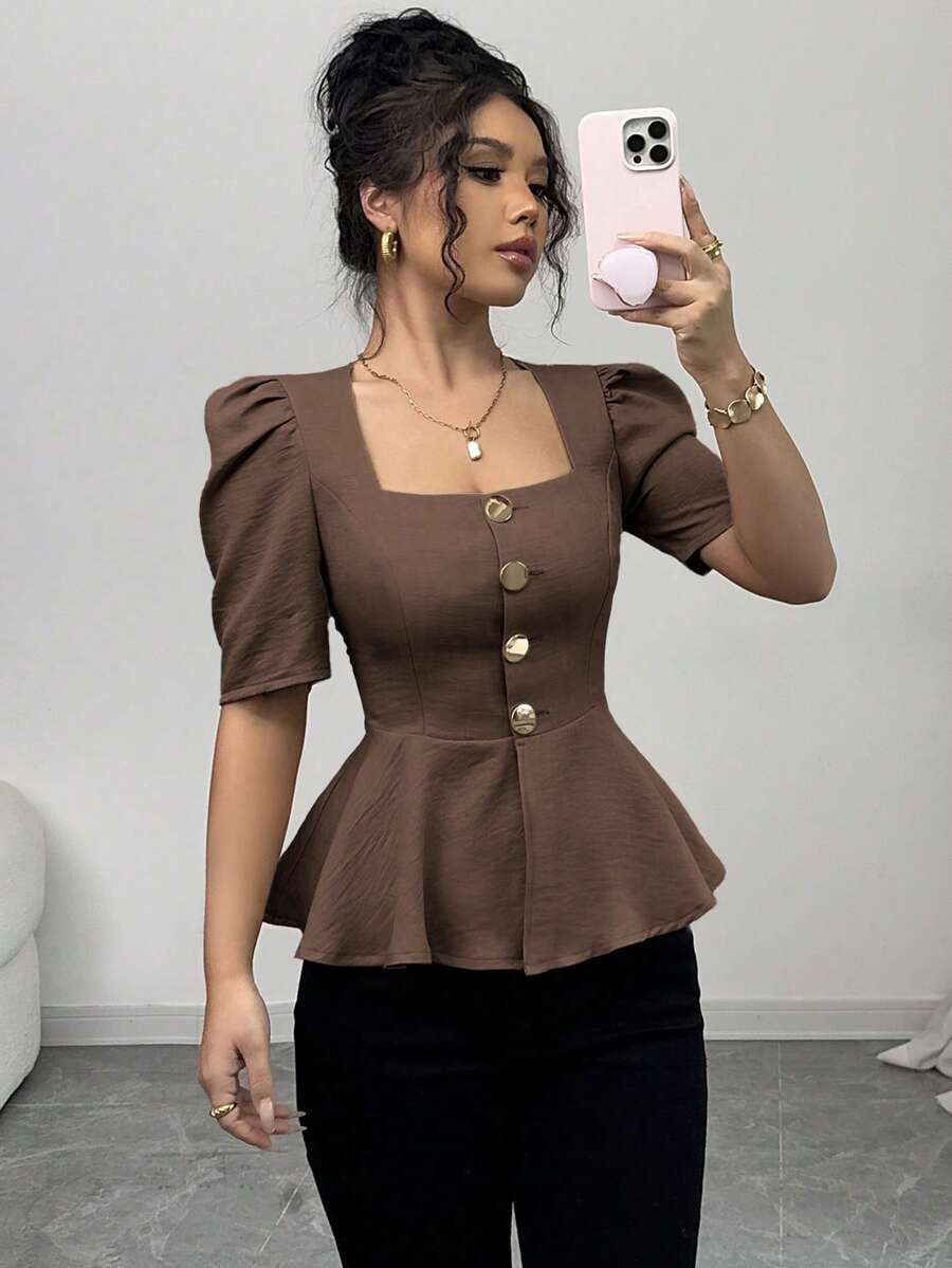 Elenzga 女士夏季衬衫,方领,短袖,金属纽扣装饰,做旧下摆,收腰设计,梭织面料,优雅百搭,日常穿着 - 棕色 - 查看 1