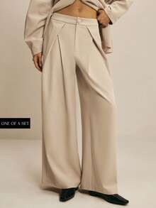 ATUI Studio 女士纯色褶裥阔腿宽松休闲裤 - 杏色 - 查看 5