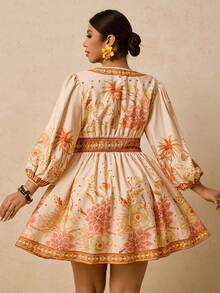 Travachic Váy ngắn cổ chữ V in hoa thanh lịch lãng mạn cỡ lớn, thắt nơ phía trước, hàng mới về mùa xuân - trái cam - Xem 2