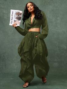 Vixey 透气抗皱吸湿排汗梭织荷叶边慢跑裤 - 橄欖綠 - 查看 4