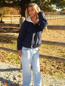 Sydney Algeri 印花宽松立领拉链开合长袖女式夹克，秋季女装，羊毛衬里 - 藏蓝色 - 查看 2