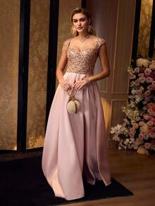 MOTF Soiréza Váy maxi dự tiệc tay ngắn cổ tim thanh lịch dành cho nữ, chất liệu vải sequin kết hợp với viền satin cỡ lớn, hoàn hảo cho tiệc cưới, dạ hội và tiệc tối lễ hội - Rượu sâm banh - Xem 6