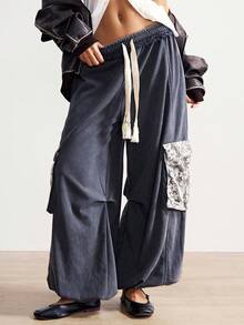 Bohemela Pantalones de chándal sueltos de punto de unicolor y cintura baja para mujer - Gris - Ver 3