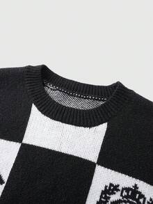 ROMWE MEN Prep Suéter holgado de punto con estampado de letras en cuadros blancos y negros de moda casual de calle para hombre, otoño/invierno - Blanco y Negro - Ver 3