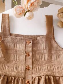 SHEIN Genkimix Kids 两件套女童休闲纹理面料吊带背心和阔腿裤套装 - 咖啡棕 - 查看 3