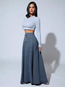 SHEIN SXY Chân váy denim maxi dài cài nút dành cho nữ, kiểu dáng thường ngày, đa năng, thích hợp đi làm, màu xanh dương, phù hợp cho ngày Valentine. - Màu xanh lam - Xem 6